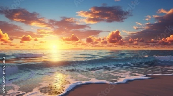 Fototapeta A breathtaking sunrise over a calm ocean, with the horizon blending seamlessly into the sky, and gentle waves lapping at a sandy beach.