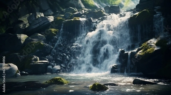Fototapeta A close-up image of a gentle waterfall, the water flowing over smooth rocks and creating a serene, tranquil atmosphere.