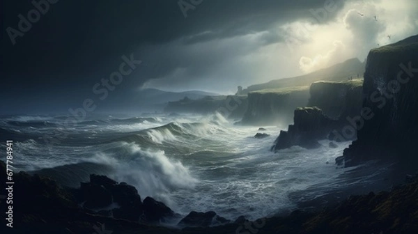Fototapeta A coastal scene with rugged cliffs overlooking a turbulent ocean, with waves crashing against the shore under a stormy sky.