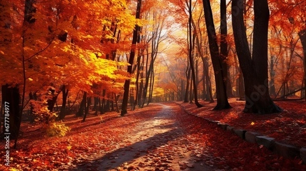 Fototapeta A colorful autumn forest scene, with a carpet of fallen leaves and trees displaying a spectrum of red, orange, and yellow hues.