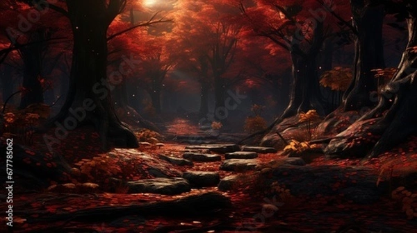 Fototapeta A colorful autumn forest scene, with a carpet of fallen leaves and trees displaying a spectrum of red, orange, and yellow hues.