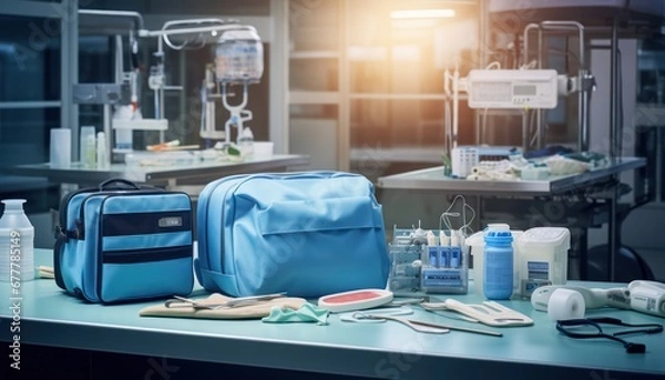 Obraz A Blue Bag Filled with Medical Supplies Resting on a Table