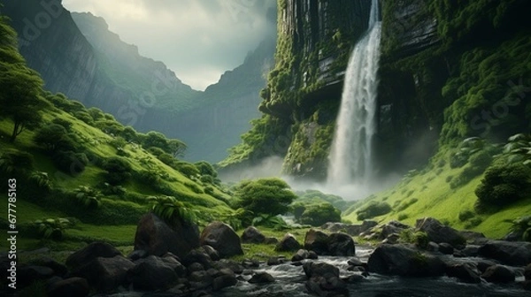 Obraz A high-definition image capturing the majestic beauty of a towering waterfall cascading down a rugged cliff, surrounded by lush greenery.