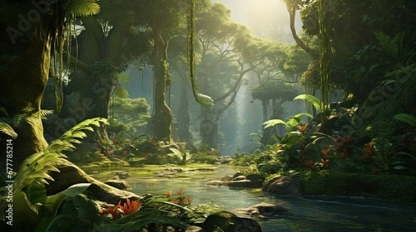 Obraz A high-definition image of a dense rainforest, rich with biodiversity, showcasing the lush greenery and vibrant flora under a bright midday sun.