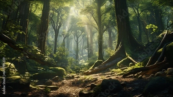 Fototapeta A high-resolution image of an ancient, dense forest at midday, sunlight filtering through the canopy, creating dappled patterns on the forest floor.