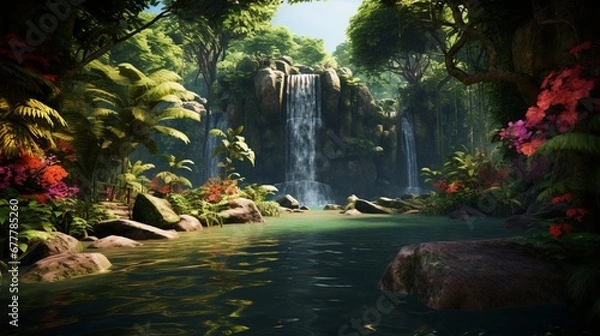 Fototapeta A lush rainforest scene, featuring a waterfall cascading into a crystal-clear pool, surrounded by vibrant green foliage and exotic flowers.