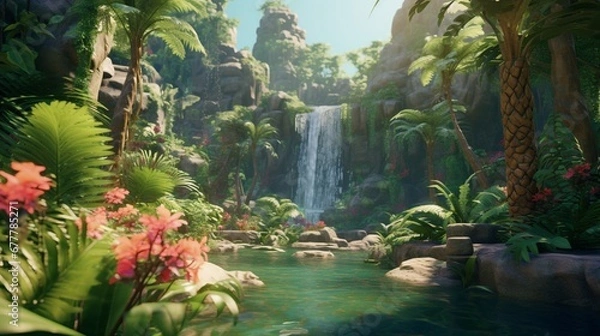 Obraz A lush, tropical garden landscape with towering palm trees, vibrant flowering plants, and a small, cascading waterfall creating a natural oasis.