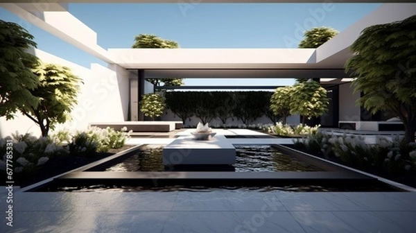 Fototapeta A modern, minimalist garden design with clean lines, featuring sculptural plants, sleek water features, and a monochromatic color scheme.