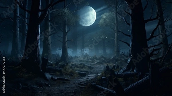 Fototapeta A moonlit forest landscape, the moon's silver light creating a serene, mystical atmosphere, with the shadows of trees stretching across the ground.