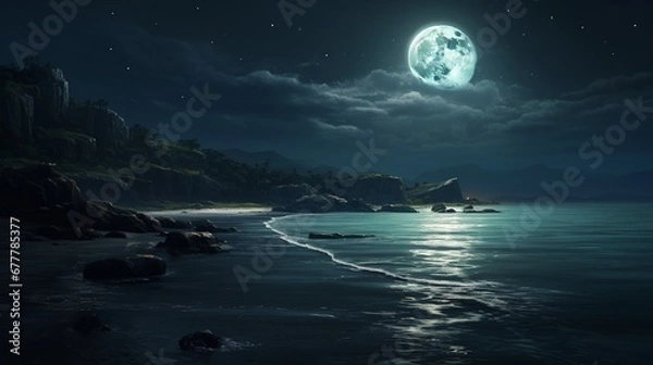Obraz A moonlit ocean scene, where the full moon casts a silvery path across the water's surface, creating a tranquil and mystical atmosphere.