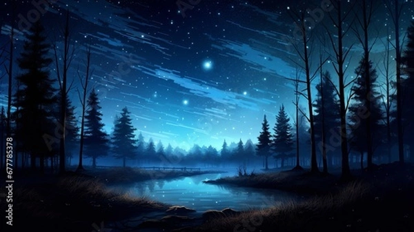 Obraz A nighttime forest scene under a star-filled sky, the outlines of trees silhouetted against the starry backdrop, offering a sense of peace and solitude.