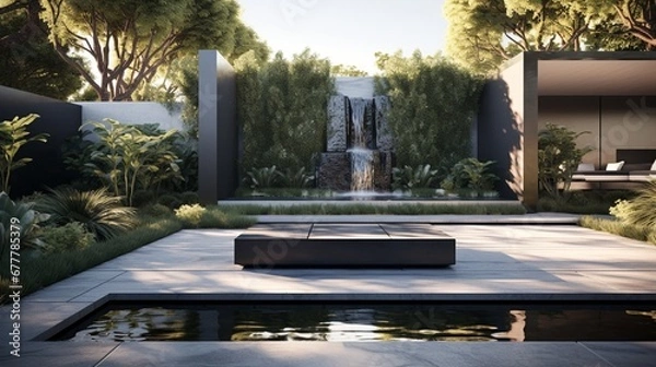 Fototapeta A modern, minimalist garden design with clean lines, featuring sculptural plants, sleek water features, and a monochromatic color scheme.