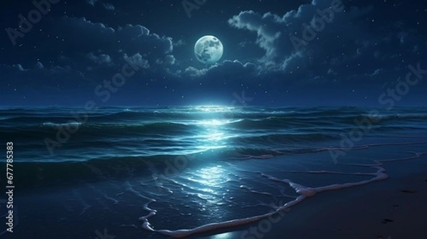 Obraz A moonlit ocean scene, where the full moon casts a silvery path across the water's surface, creating a tranquil and mystical atmosphere.