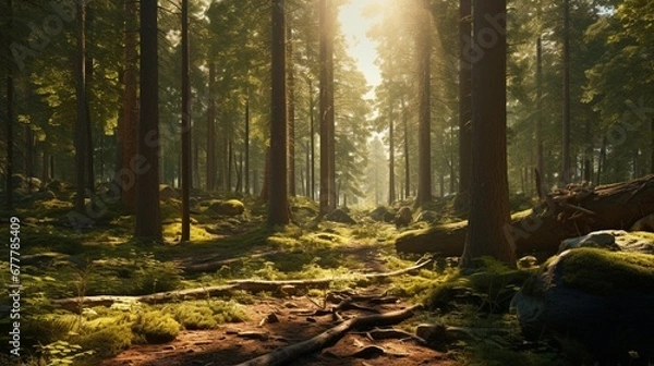 Fototapeta A panoramic daytime view of a vast forest with towering old-growth trees, the sun casting long shadows and highlighting the diverse undergrowth.