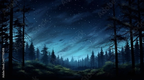 Fototapeta A nighttime forest scene under a star-filled sky, the outlines of trees silhouetted against the starry backdrop, offering a sense of peace and solitude.