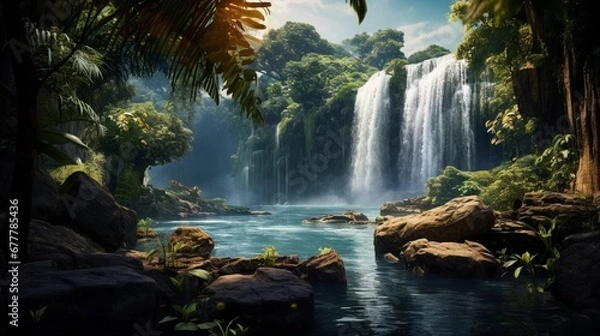 Fototapeta A panoramic view of a cascading waterfall in a tropical rainforest, the surrounding foliage vibrant and lush, accentuating the water's purity.