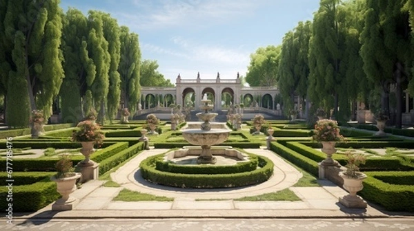 Obraz A panoramic view of a formal garden with symmetrically arranged flower beds, ornate fountains, and elegant marble statues amidst lush greenery.