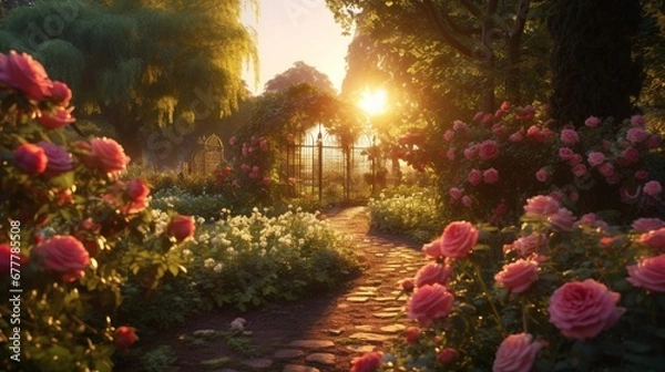Fototapeta A romantic rose garden at sunset, the warm light enhancing the rich colors of the roses and casting long shadows on the garden paths.