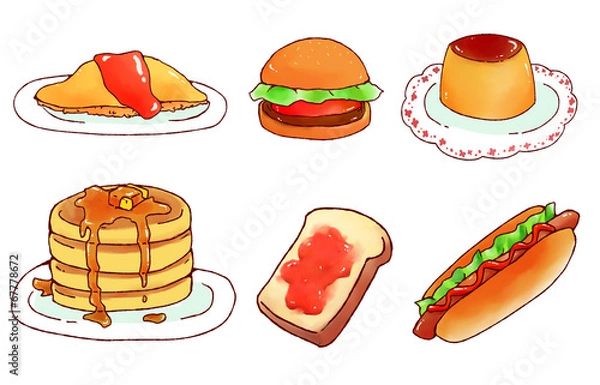 Obraz オムライス・トースト・プリン・ホットケーキ・ハンバーガー・ホットドック