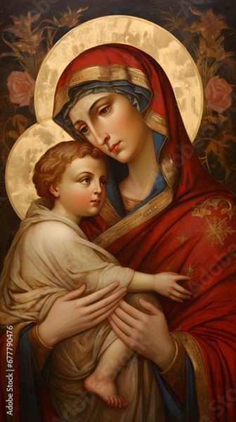 Fototapeta Icon - Madonna with child. on of Mary the Mother of God with her son Jesus. Mary the Mother of God with her son Jesus blessing with his hand.