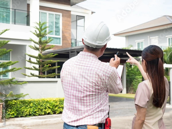 Fototapeta Owner and engineer are inspecting a new house at front yard. Checklist a new house.