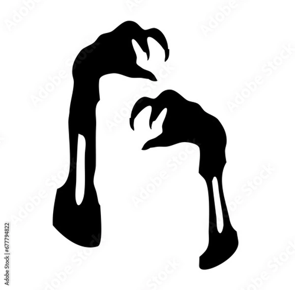 Fototapeta Zombie hands silhouette. Creepy zombie crooked lambs stick out of graveyard ground vector illustration