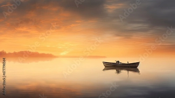 Obraz  a boat floating on top of a large body of water under a cloudy sky with a sunset in the background.