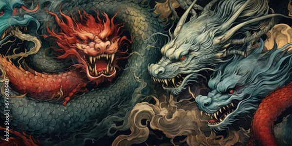 Fototapeta Colored abstract tattoo dragons pattern background