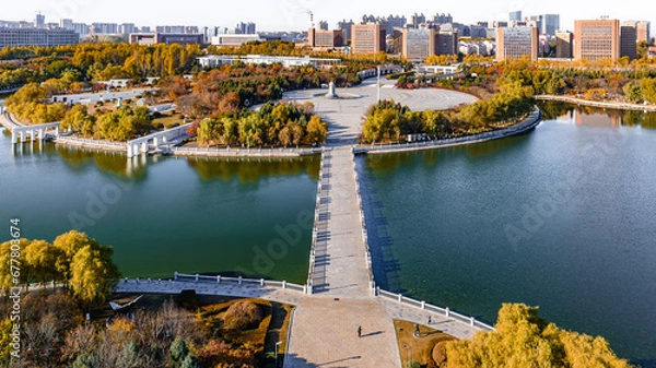 Fototapeta Autumn urban landscape of Changchun, China