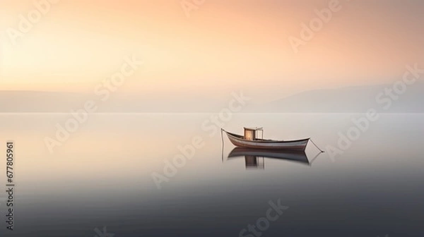 Fototapeta  a boat floating on top of a body of water next to a shore with mountains in the background and a foggy sky.