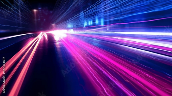 Fototapeta Rayons lumineux, néons sur une route de nuit. Mouvement direct, éclair de lumière, bleu, rose, mauve et blanc. Eclat lumineux. Espace vide pour conception et création graphique, bannière.