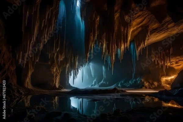 Fototapeta The mysterious beauty of a cave habitat, with stalactites and stalagmites creating otherworldly formations