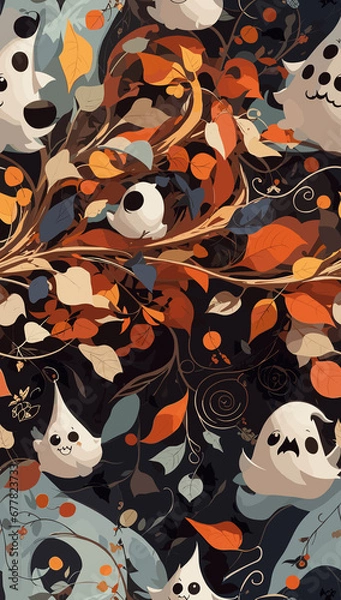 Fototapeta Halloween seamless pattern, abstract art pattern, abstract autumn leaves pattern created with generative AI