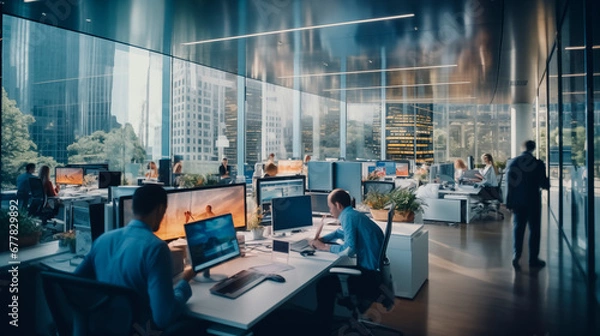 Fototapeta Interior of an office with people working at their jobs with large windows through which you can see large office buildings located in the financial district