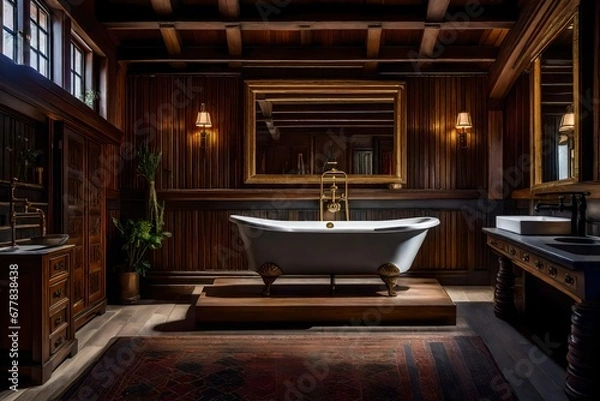 Obraz The rustic and historical design of a Tudor style house's bathroom, with vintage fixtures and a nod to the era's style