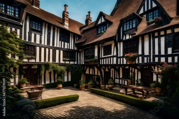Obraz A Tudor style house's meticulously designed courtyard, evoking the historical beauty of Tudor architecture