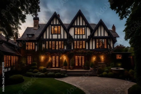 Obraz The harmonious blend of historical aesthetics and Tudor design in a house's exterior, with a focus on timeless beauty