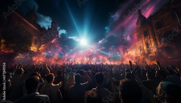 Obraz Nighttime celebration, crowd dancing, stage lit, audience applauding, music festival generated by AI