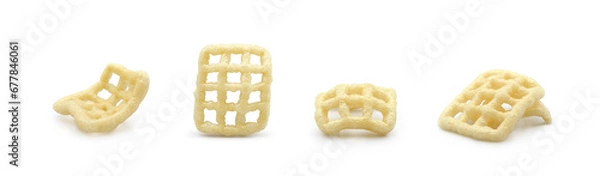 Fototapeta Square shape checkered fried airy snacks (duros or chicharrones wheat pellet) isolated on white background