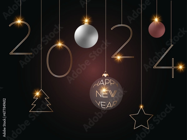 Fototapeta Happy new 2024 year. Elegant gold text with light. Minimalistic text template.	