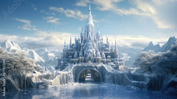 Obraz  the majesty of an ice palace nestled within a snow-covered mountain range. Highlight the towering spires and intricate frost patterns.