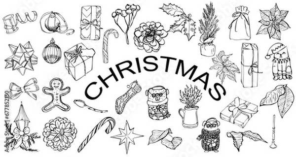 Fototapeta Christmas elements vector ink set