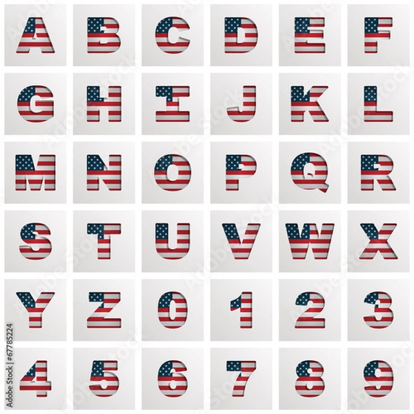 Obraz USA stars and stripes flag alphabet icons vector clipart lettering squares isolated on white