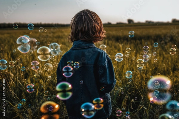 Fototapeta Innocence captured in a moment, a child's joy unfolds in a sunlit field as soap bubbles dance in the air. Ai generated