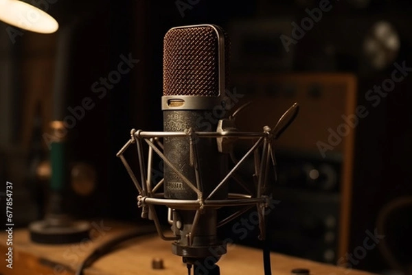 Fototapeta Step into nostalgia with an old vintage classic recording microphone perfect for studio sessions or vintage radio vibes. Ai generated