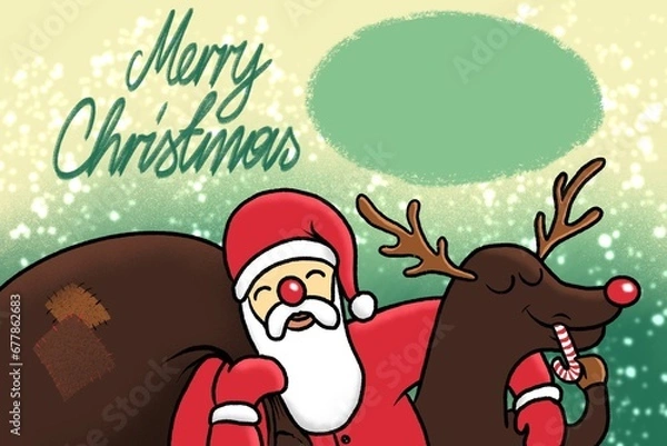 Fototapeta Santa Claus with a bag of gifts on his back hugs Rudolph the reindeer in a friendly manner. Christmas plaid with cartoon characters of Santa Claus and a reindeer.