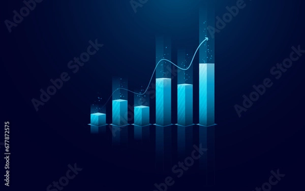 Fototapeta Abstract growth graph chart with up arrow on technology dark blue background. Stock market and success business metaphor. Financial concept. Vector illustration in digital futuristic light blue style.