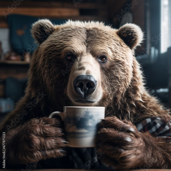 Obraz Portrait brown bear drinking coffee, Generative AI