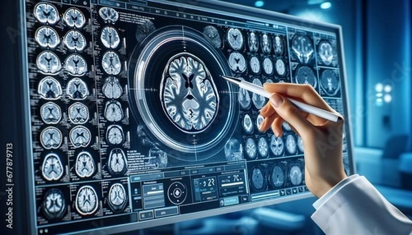 Fototapeta MRI scan, medical professional, interactive screen, brain imaging, diagnostic technology, neurological condition, healthcare, medical research, radiology, stylus pen, lab coat, close-up view, digital 