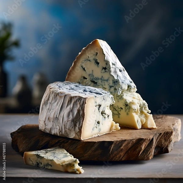 Obraz A piece of blue cheese on a wooden board. Dark background.